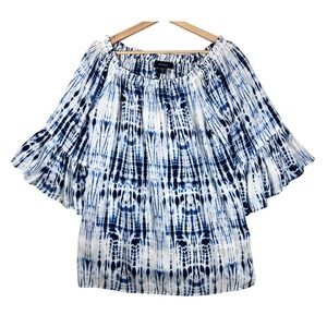 Karen Kane BOHO Tie Dye M Ruffle‎ Sleeve Top Bell Blue White Off Shoulder Blouse
